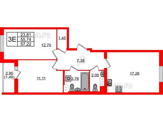 Квартира в ЖК Кинопарк, 2 комнатная, 57.22 м², 3 этаж