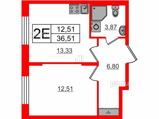 Квартира в ЖК «Аннино Сити», 1 комнатная, 36.51 м², 1 этаж