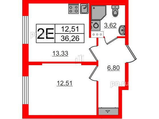 Квартира в ЖК «Аннино Сити», 1 комнатная, 36.26 м², 2 этаж