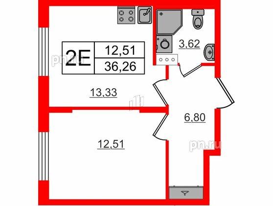 Квартира в ЖК «Аннино Сити», 1 комнатная, 36.26 м², 4 этаж