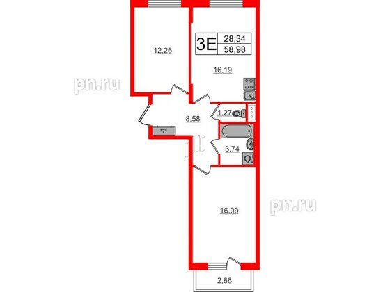 Квартира в ЖК «Аннино Сити», 2 комнатная, 58.98 м², 4 этаж