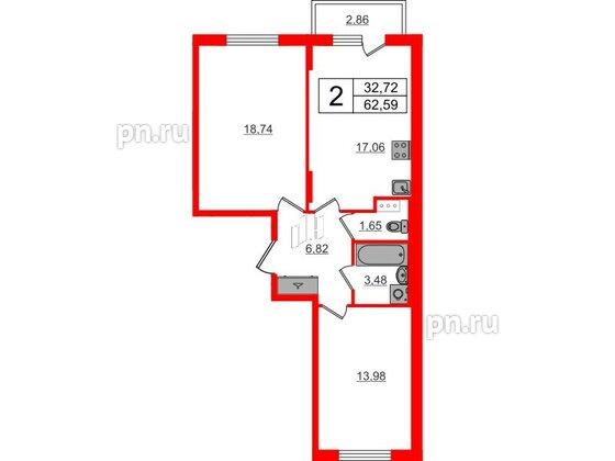 Квартира в ЖК «Аннино Сити», 2 комнатная, 62.59 м², 3 этаж