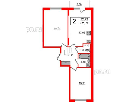 Квартира в ЖК «Аннино Сити», 2 комнатная, 62.59 м², 4 этаж