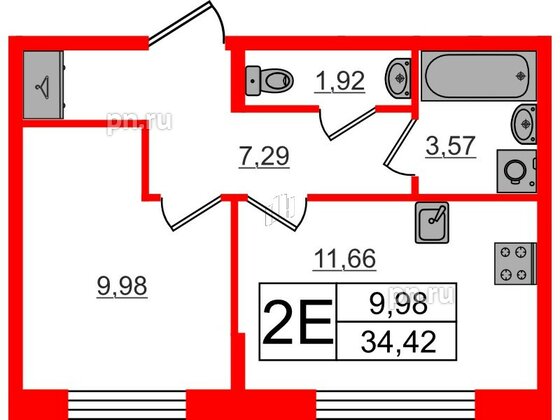 Квартира в ЖК «Аннино Сити», 1 комнатная, 34.41 м², 1 этаж