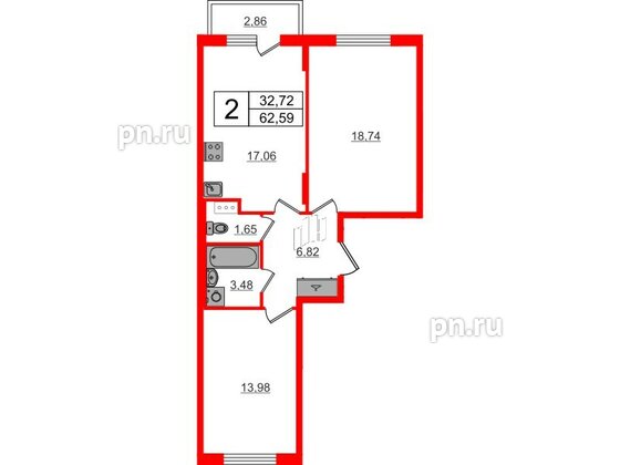 Квартира в ЖК «Аннино Сити», 2 комнатная, 62.59 м², 4 этаж