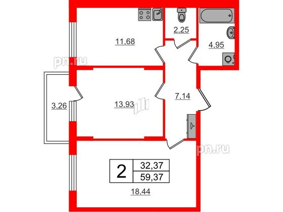 Квартира в ЖК «Аннино Сити», 2 комнатная, 59.37 м², 2 этаж