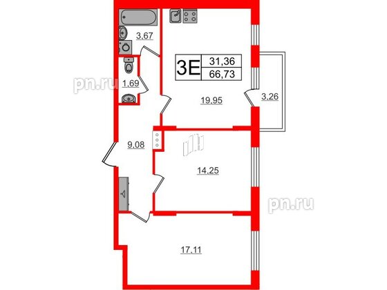 Квартира в ЖК «Аннино Сити», 2 комнатная, 66.72 м², 2 этаж