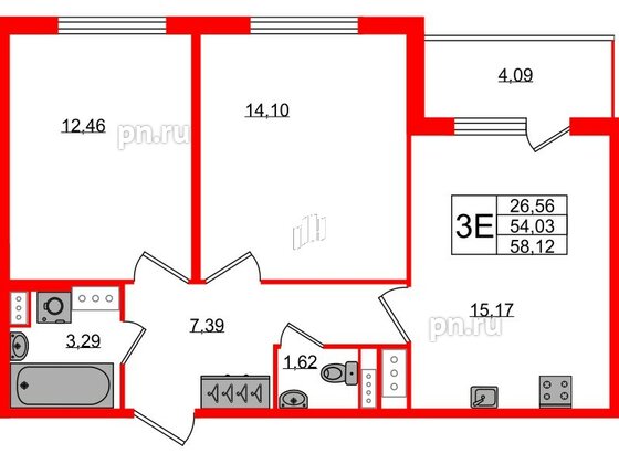 Квартира в ЖК Югтаун, 2 комнатная, 54.03 м², 3 этаж