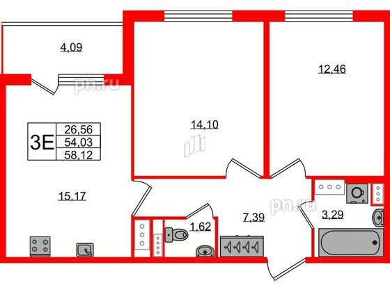 Квартира в ЖК Югтаун, 2 комнатная, 54.03 м², 2 этаж