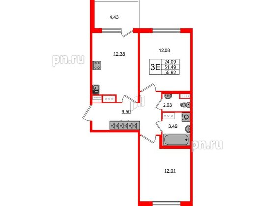 Квартира в ЖК Югтаун, 2 комнатная, 51.49 м², 2 этаж