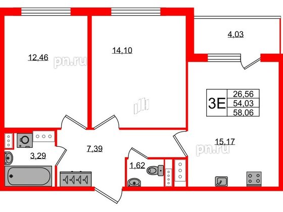 Квартира в ЖК Югтаун, 2 комнатная, 54.03 м², 2 этаж