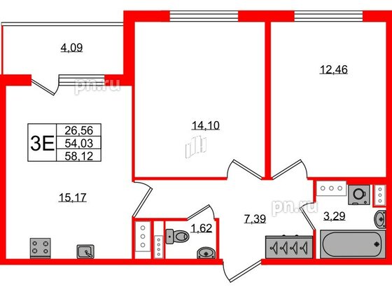 Квартира в ЖК Югтаун, 2 комнатная, 54.03 м², 2 этаж