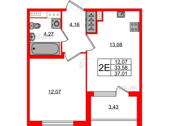 Квартира в ЖК Югтаун, 1 комнатная, 33.58 м², 2 этаж