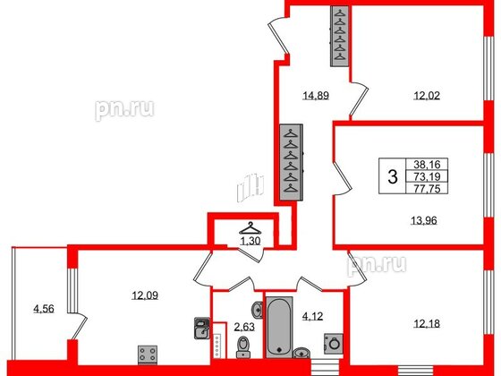 Квартира в ЖК Югтаун, 3 комнатная, 73.19 м², 2 этаж