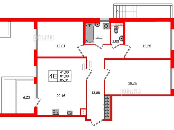 Квартира в ЖК Югтаун, 3 комнатная, 81.08 м², 1 этаж