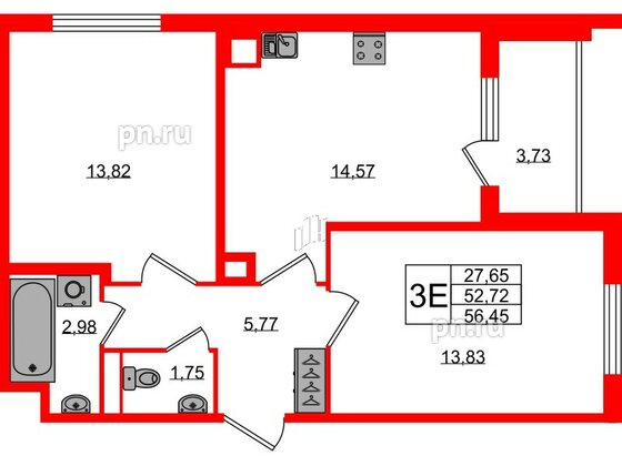 Квартира в ЖК Югтаун, 2 комнатная, 52.72 м², 2 этаж