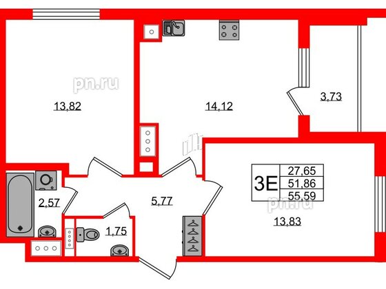 Квартира в ЖК Югтаун, 2 комнатная, 51.86 м², 3 этаж