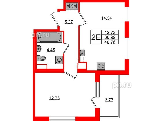 Квартира в ЖК Югтаун, 1 комнатная, 36.99 м², 2 этаж