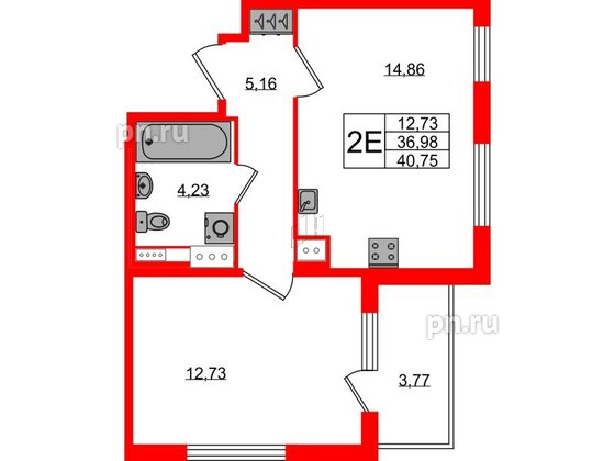 Квартира в ЖК Югтаун, 1 комнатная, 36.98 м², 4 этаж