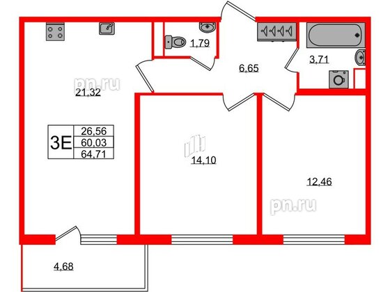 Квартира в ЖК Югтаун, 2 комнатная, 60.03 м², 2 этаж