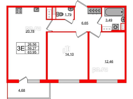 Квартира в ЖК Югтаун, 2 комнатная, 59.27 м², 3 этаж