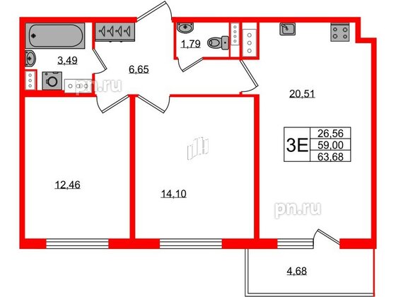 Квартира в ЖК Югтаун, 2 комнатная, 59 м², 4 этаж