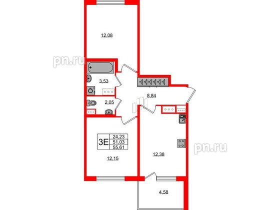 Квартира в ЖК Югтаун, 2 комнатная, 51.03 м², 5 этаж