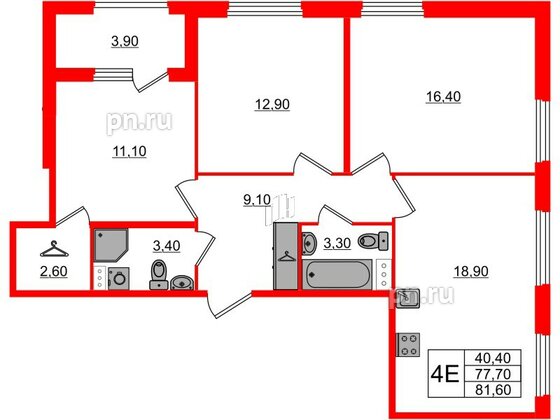 Квартира в ЖК Дубровский, 3 комнатная, 81.6 м², 1 этаж