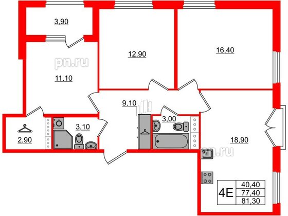 Квартира в ЖК Дубровский, 3 комнатная, 81.3 м², 3 этаж