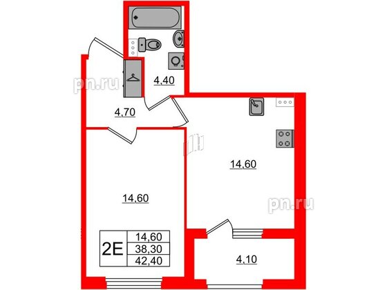 Квартира в ЖК Дубровский, 1 комнатная, 42.4 м², 1 этаж