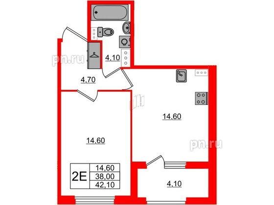 Квартира в ЖК Дубровский, 1 комнатная, 42.1 м², 2 этаж