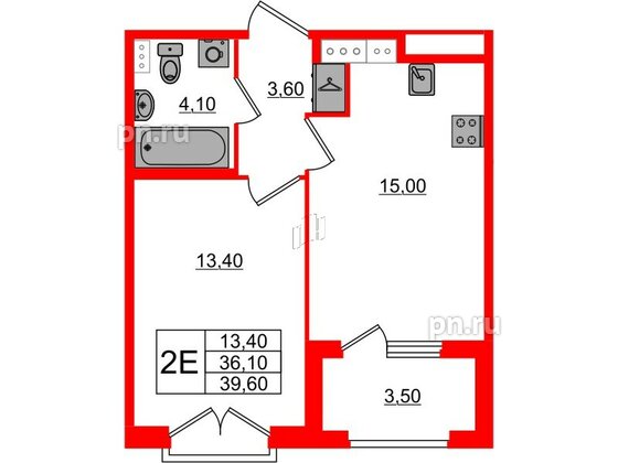 Квартира в ЖК Дубровский, 1 комнатная, 39.6 м², 2 этаж