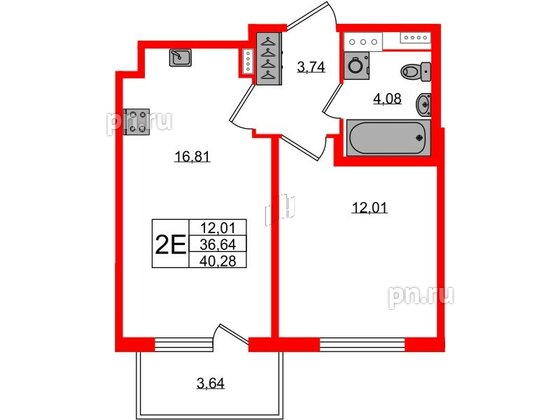 Квартира в ЖК Югтаун, 1 комнатная, 36.64 м², 4 этаж