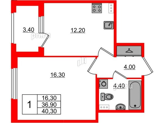 Квартира в ЖК Дубровский, 1 комнатная, 40.3 м², 1 этаж