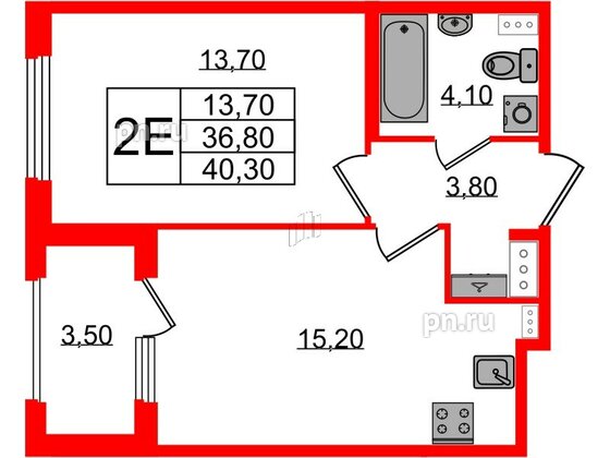 Квартира в ЖК Дубровский, 1 комнатная, 40.3 м², 2 этаж