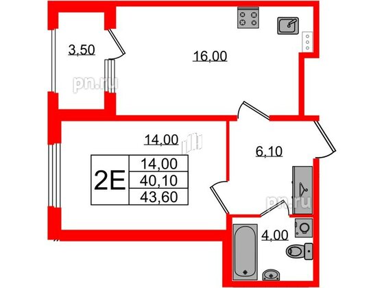 Квартира в ЖК Дубровский, 1 комнатная, 43.6 м², 1 этаж