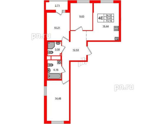 Квартира в ЖК ЦДС Новосаратовка «Город первых», 3 комнатная, 73.16 м², 4 этаж