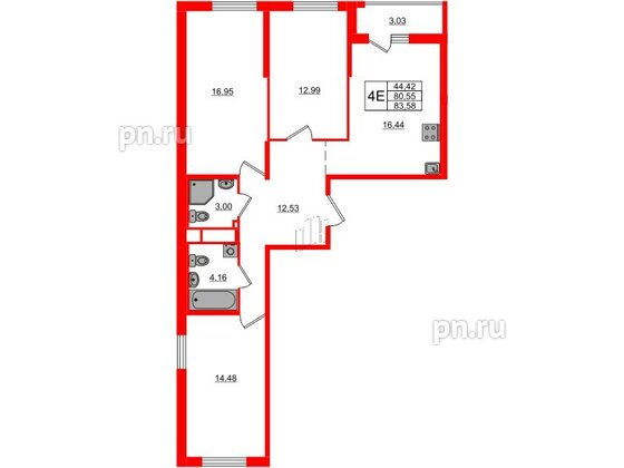 Квартира в ЖК ЦДС Новосаратовка «Город первых», 3 комнатная, 83.58 м², 7 этаж