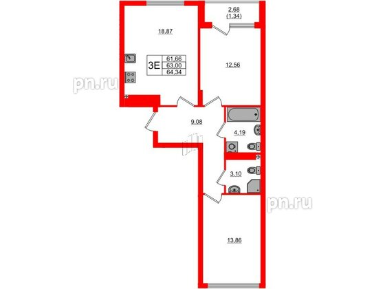 Квартира в ЖК «Расцвет Парк», 2 комнатная, 63 м², 2 этаж