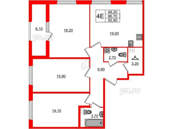 Квартира в ЖК Дубровский, 3 комнатная, 92.8 м², 1 этаж