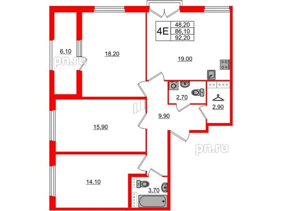 Квартира в ЖК Дубровский, 3 комнатная, 92.2 м², 2 этаж