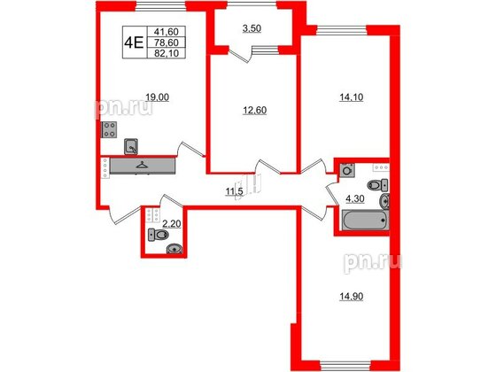 Квартира в ЖК Дубровский, 3 комнатная, 82.1 м², 1 этаж