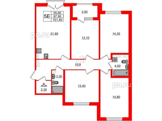 Квартира в ЖК Дубровский, 4 комнатная, 101.4 м², 2 этаж