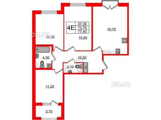 Квартира в ЖК Дубровский, 3 комнатная, 77.4 м², 3 этаж