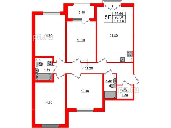 Квартира в ЖК Дубровский, 4 комнатная, 102 м², 2 этаж