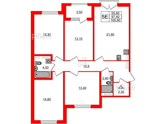 Квартира в ЖК Дубровский, 4 комнатная, 100.9 м², 3 этаж