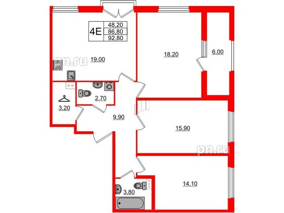 Квартира в ЖК Дубровский, 3 комнатная, 92.8 м², 2 этаж