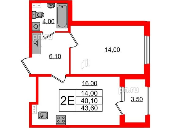 Квартира в ЖК Дубровский, 1 комнатная, 43.6 м², 1 этаж