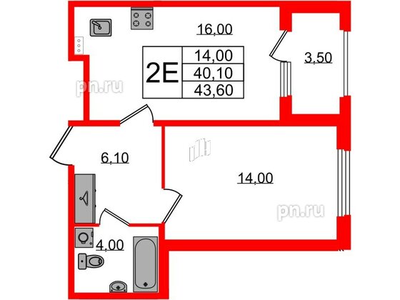 Квартира в ЖК Дубровский, 1 комнатная, 43.6 м², 1 этаж