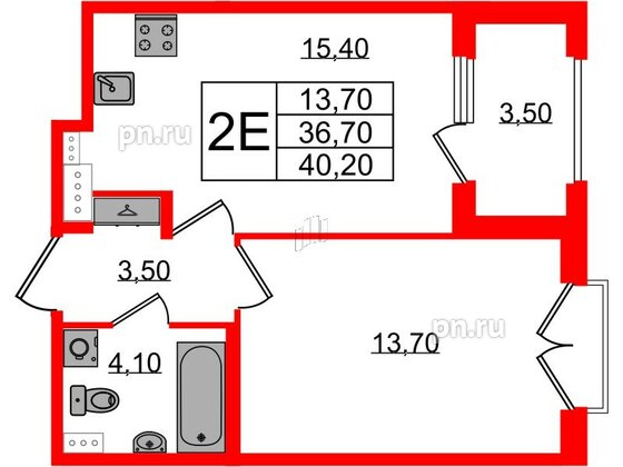 Квартира в ЖК Дубровский, 1 комнатная, 40.2 м², 2 этаж